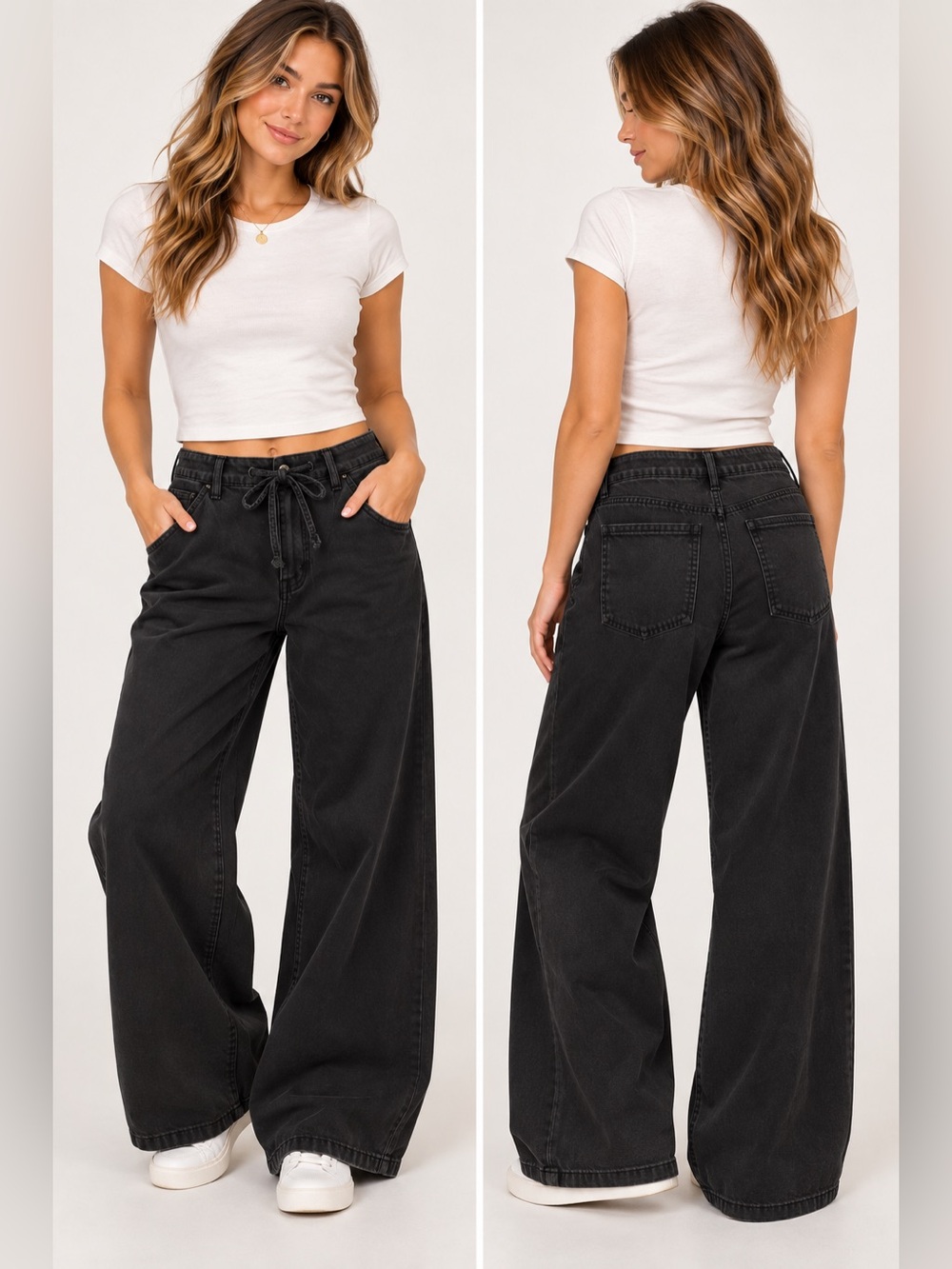 American Eagle Wide Leg Drawstring Pants Black Size 8 Regular